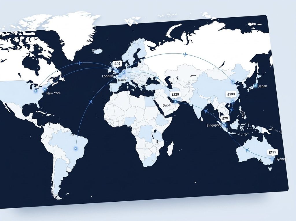 World map showing flight prices and destinations